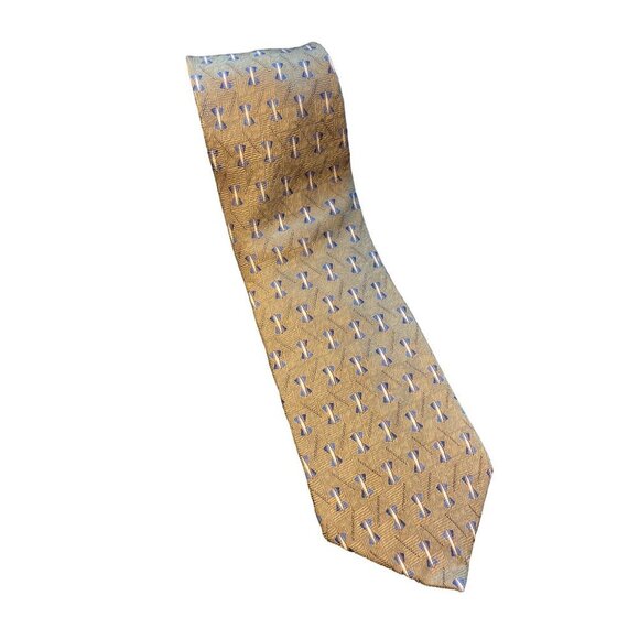NEO Bill Blass Tan Blue Patterned Silk Necktie - Picture 1 of 7